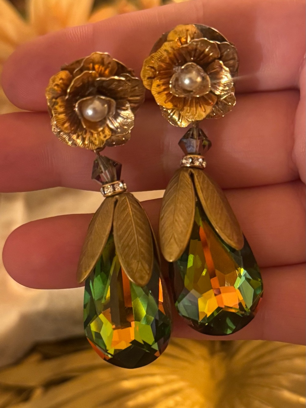 Vintage 1980s Gold Flower & Iridescent Green Crystal Drop Statement Earrings